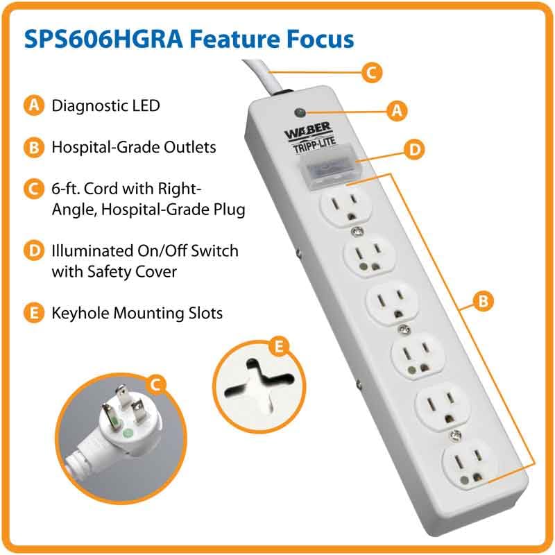 TRIPP LITE Hospital-Grade Surge Protector Medical Power Strip, 6 Outlets, Right-Angle NEMA 5-15PHG Plug, 6 Foot / 1.8M Cord, 1050 Joule Protection, (SPS606HGRA) - Image 2